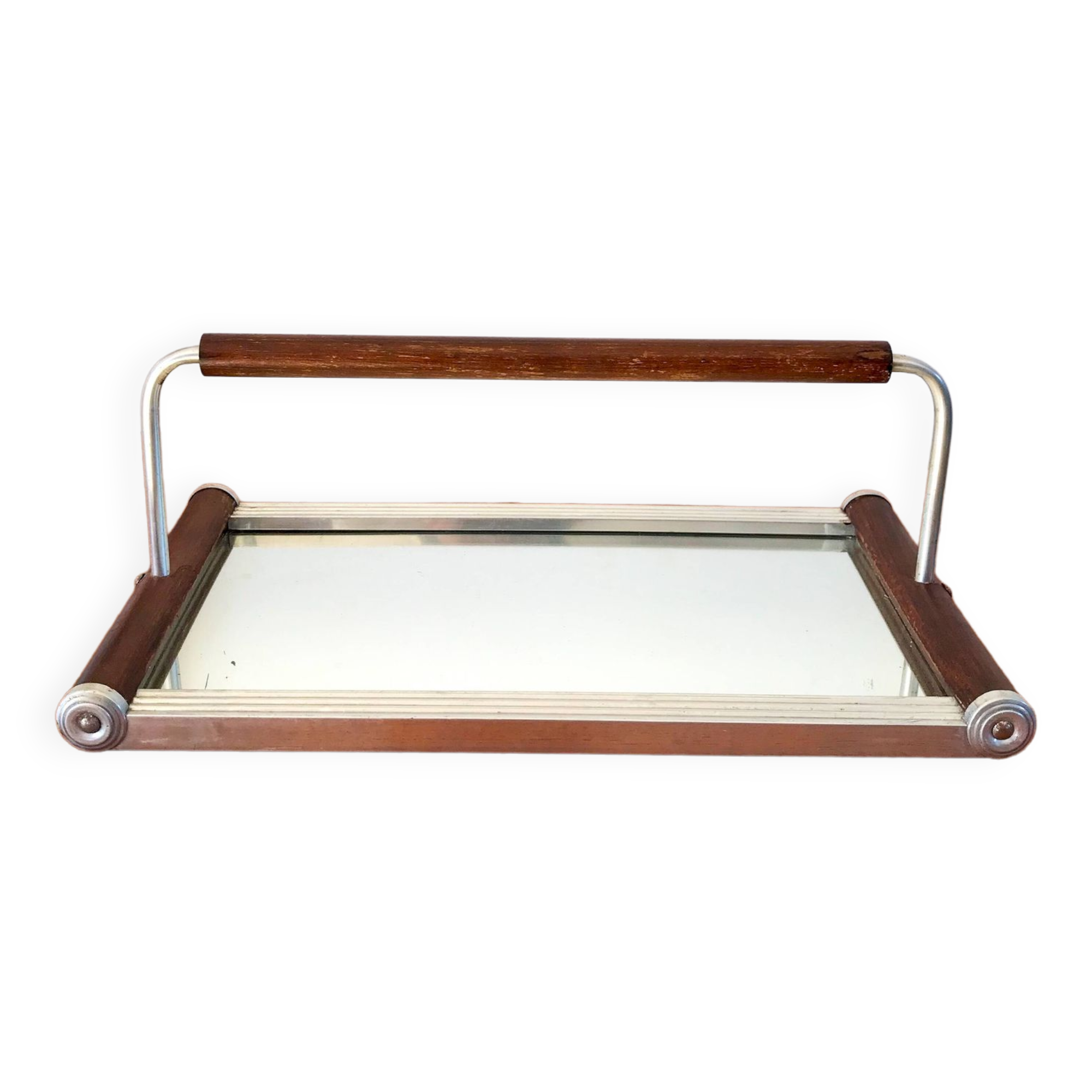 art deco wood and metal mirror tray with handle 1930s