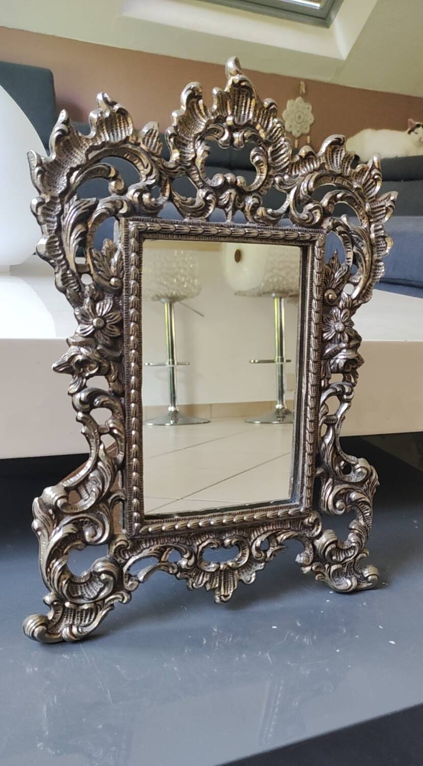 Antique/Rocaille/Louis XV Style Table Mirror. In silver-plated bronze