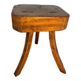 Brutalist oak stool with curved legs, handcrafted