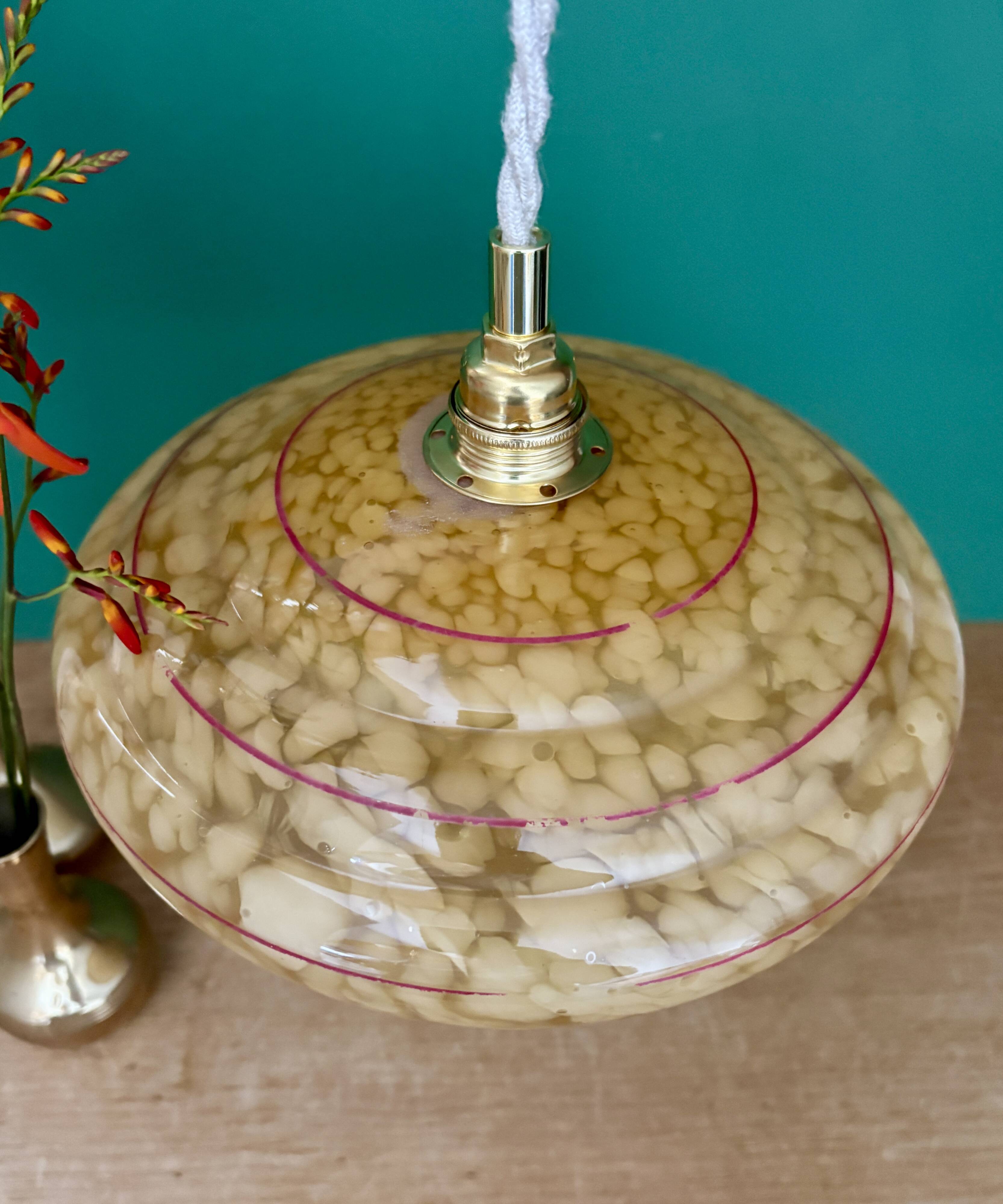 Vintage pendant lamp shade in yellow Clichy glass with red trim