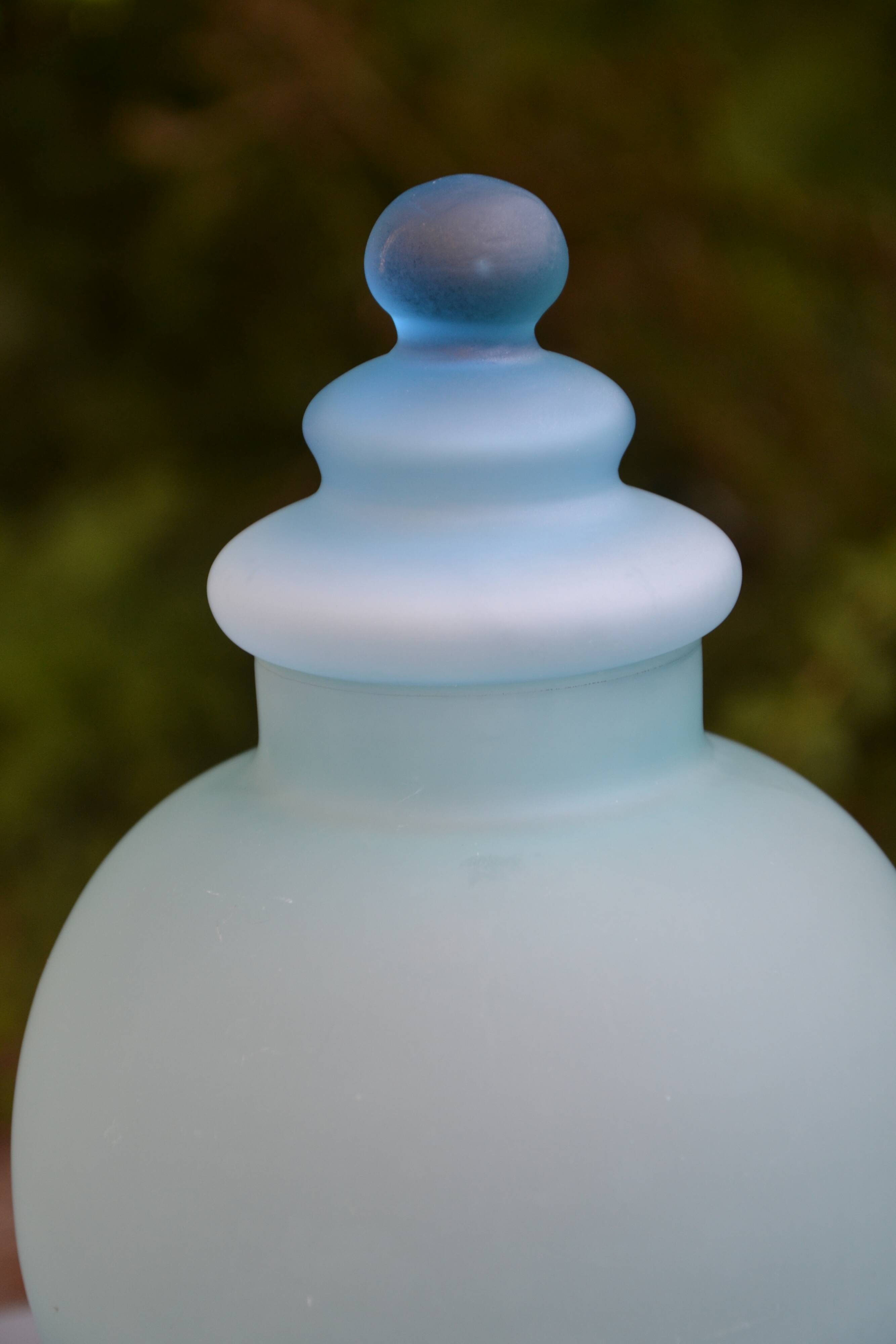 Blue frosted glass bottle/vase on foot