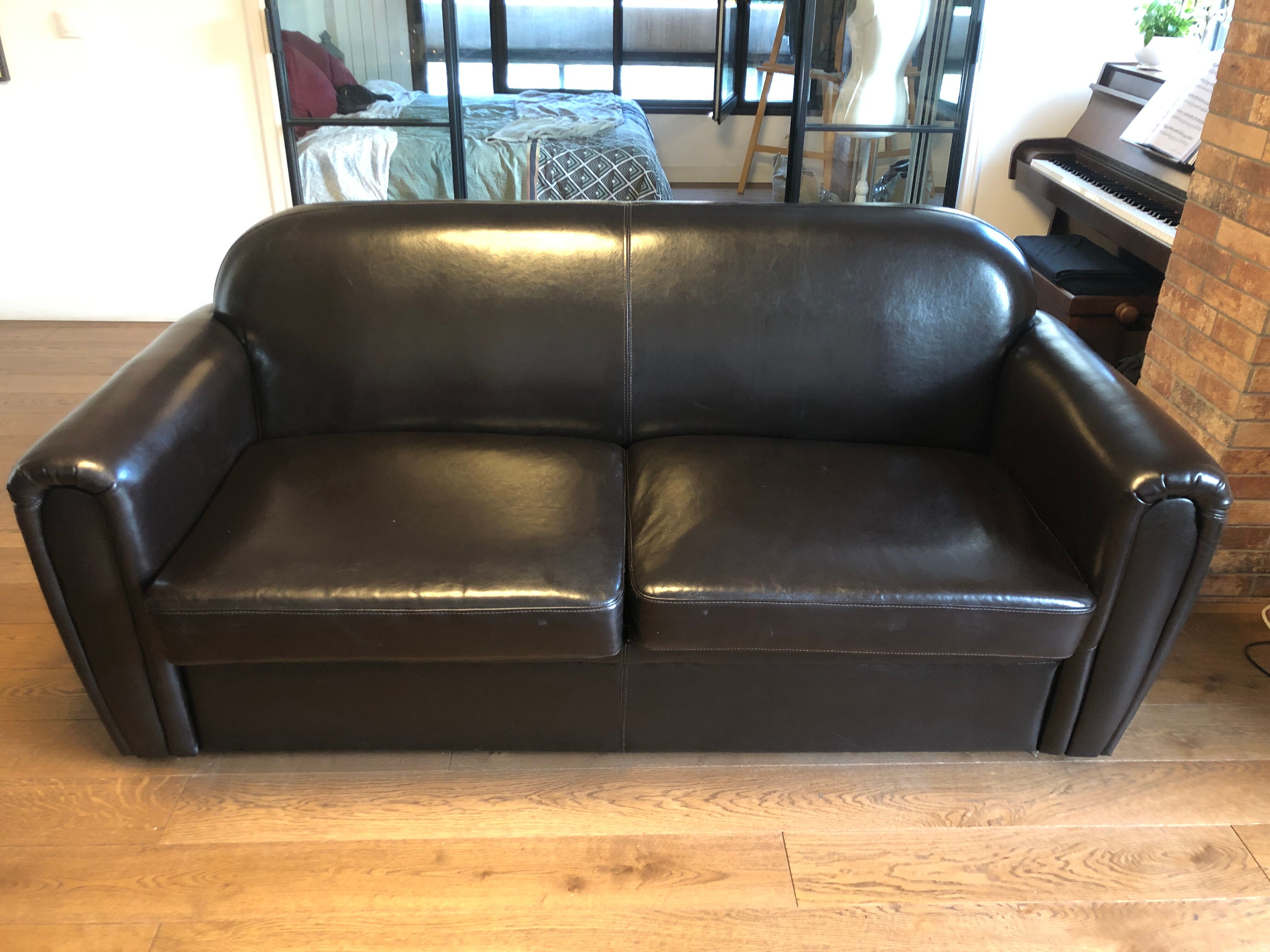 Sofa bed leather 3 places brown