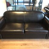 Sofa bed leather 3 places brown