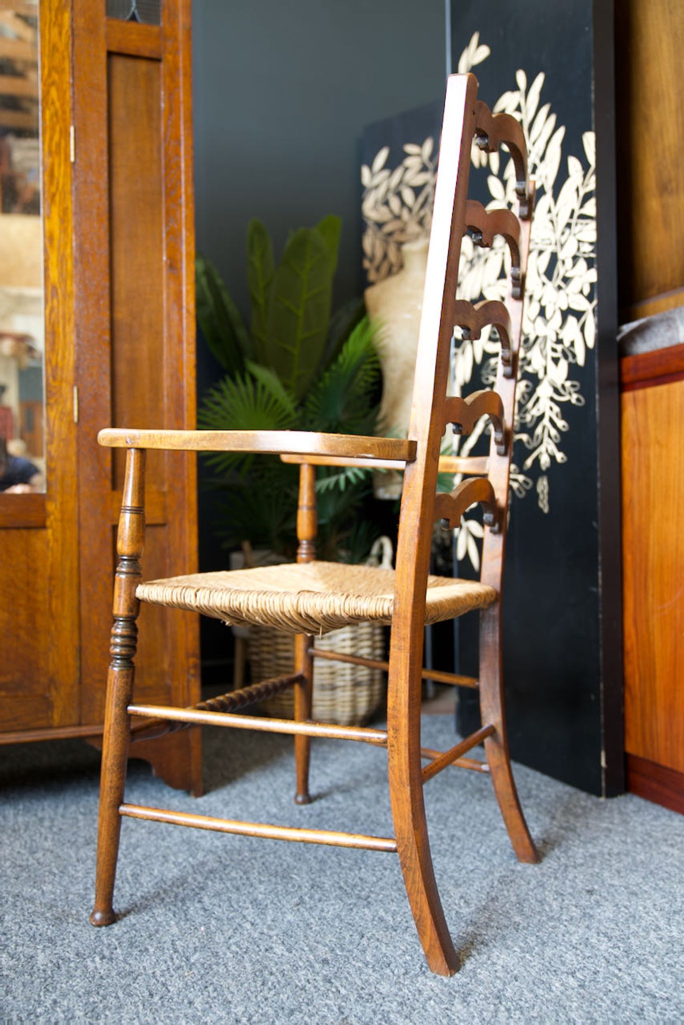 Arts & crafts solid oak ladder back occasional chair with rush seat