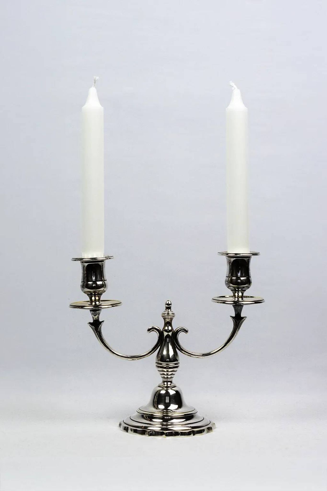 Pair of candlesticks | antique two-armed candelabra in silver-plated metal