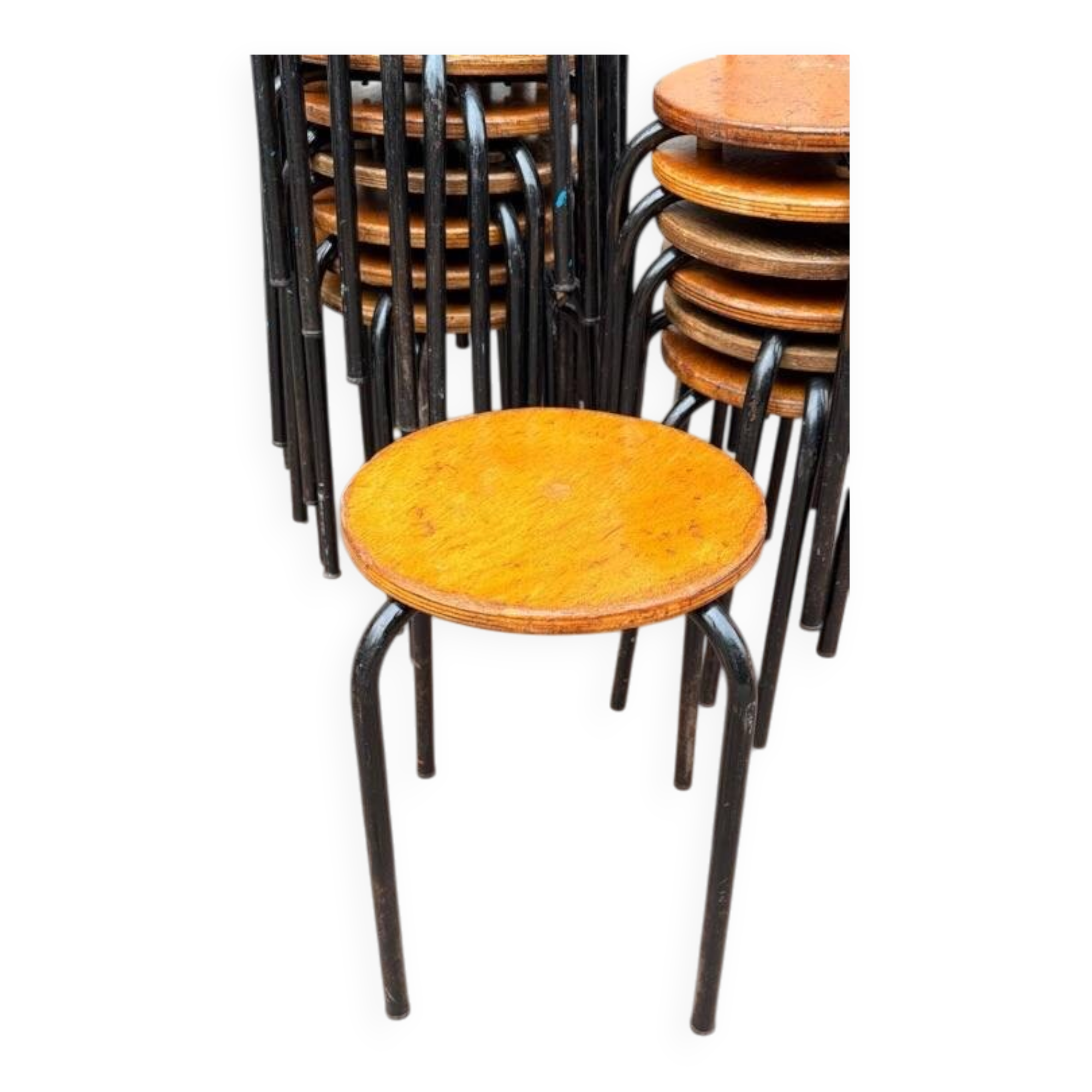 Vintage black wooden and metal stool, 1970s.