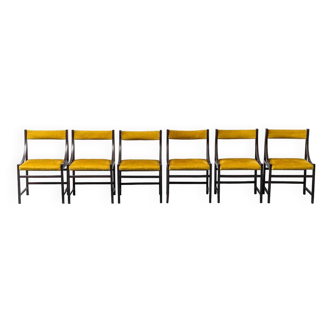 Ensemble 6 chaises tissu jaune bois 1960 vintage modernisme