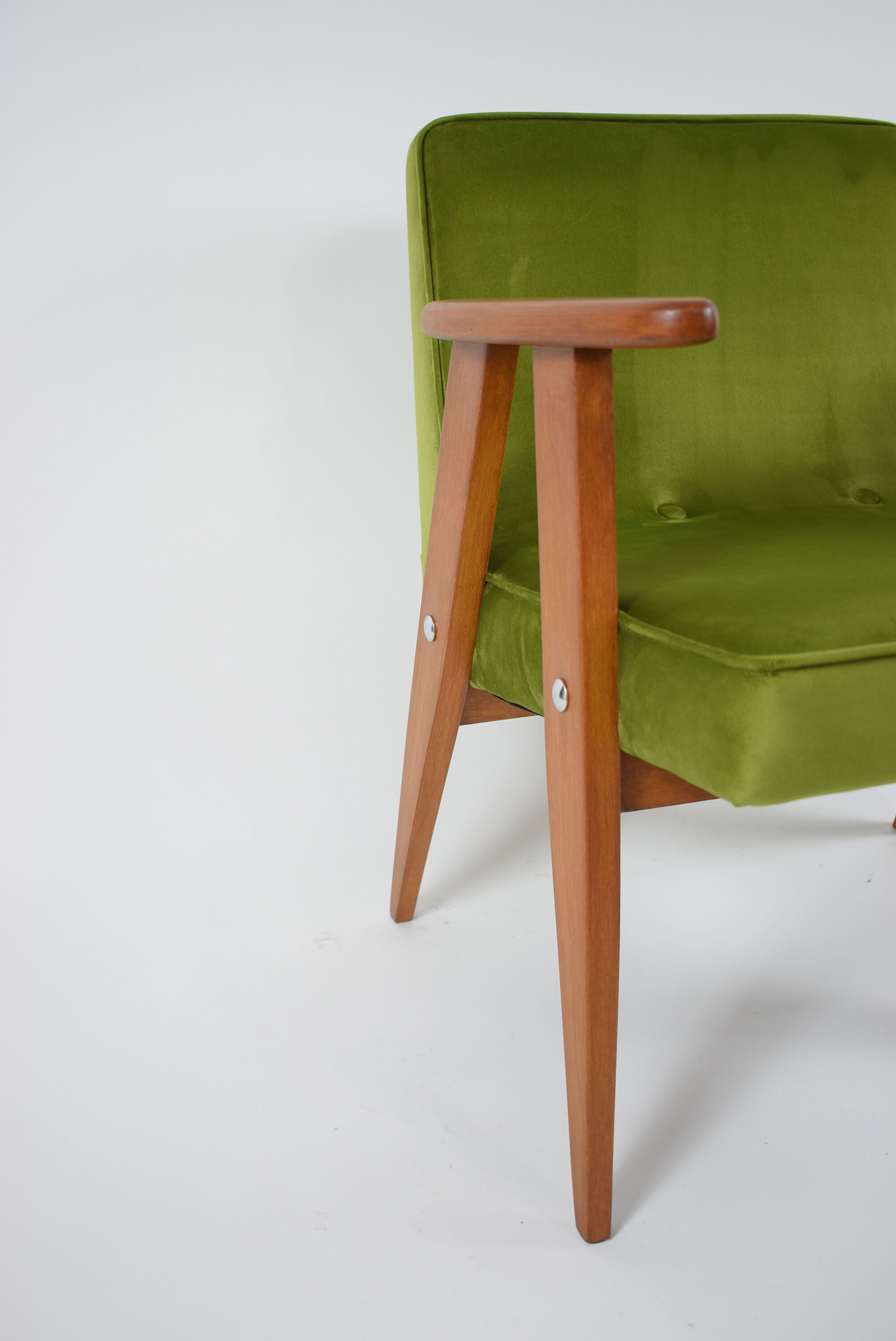 Vintage restored armchair, model 366, designer J. Chierowski, olive velvet
