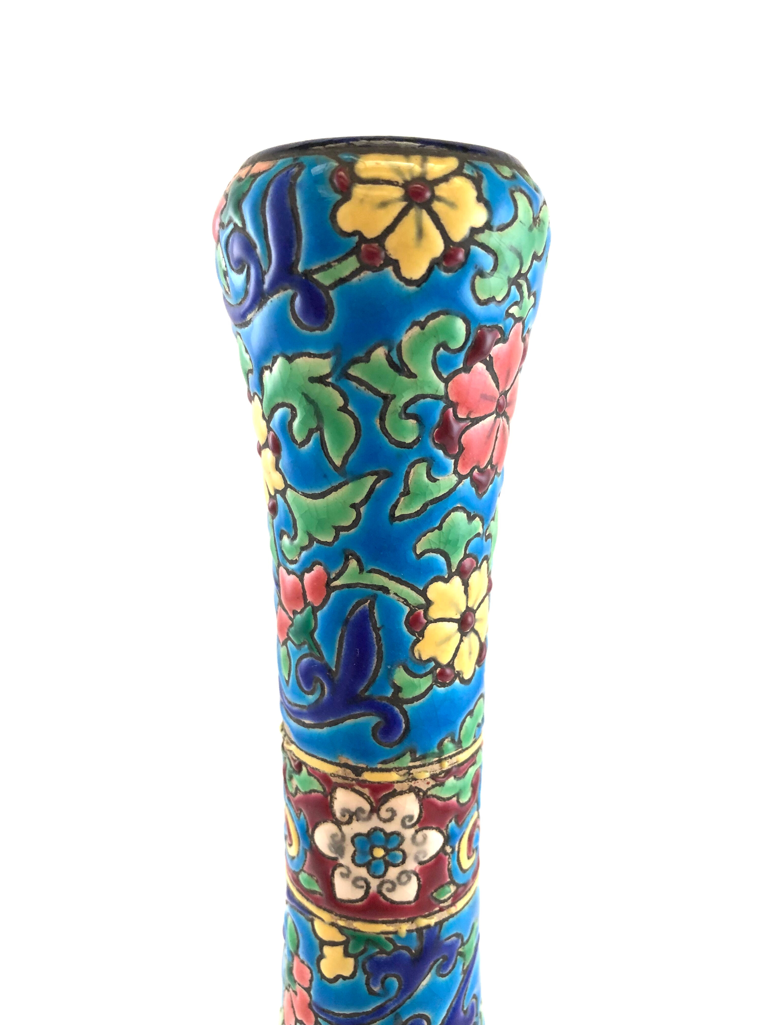 Soliflore vase in blue enamels of Longwy