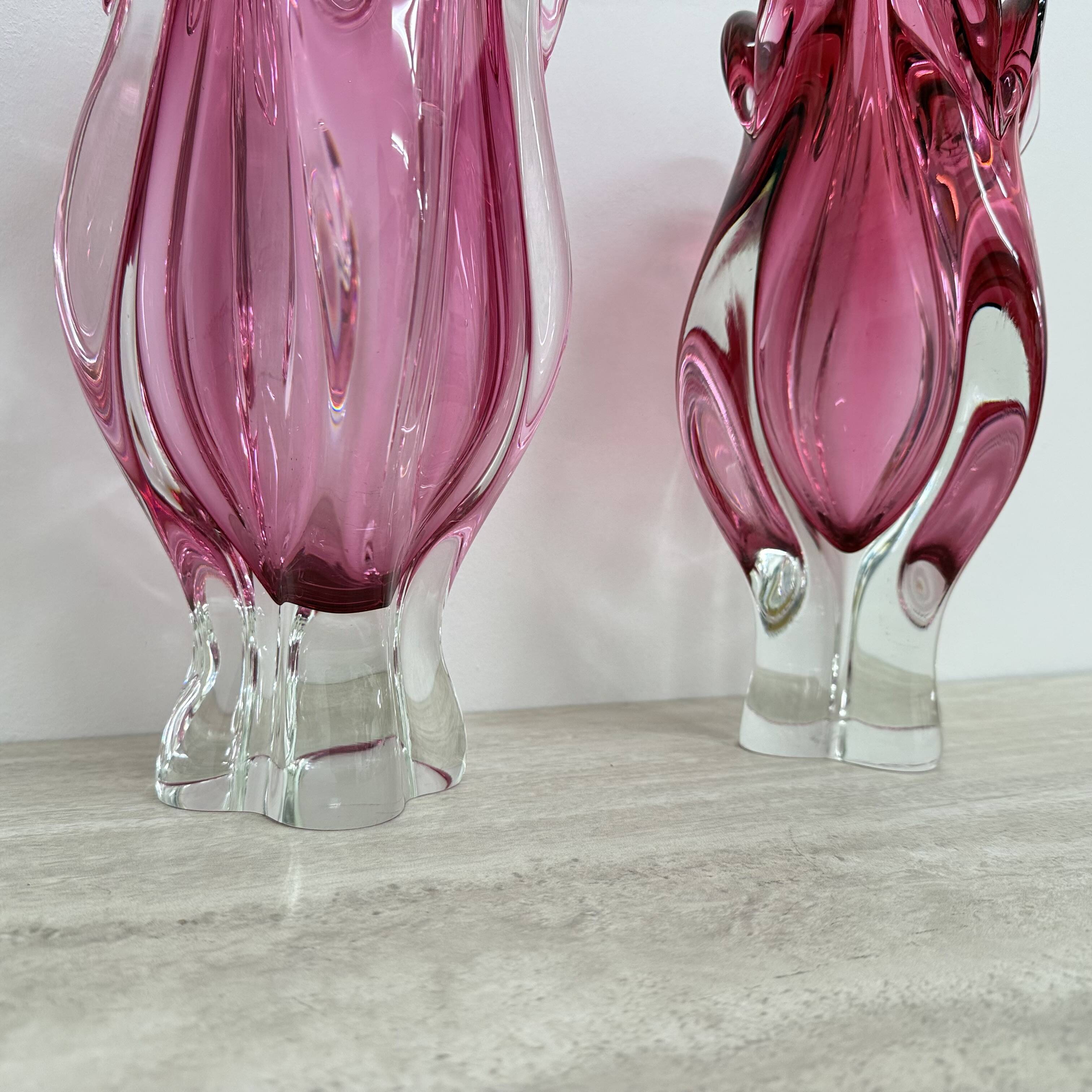Pair of pink murano glass hand made vases , 1970’s Italy