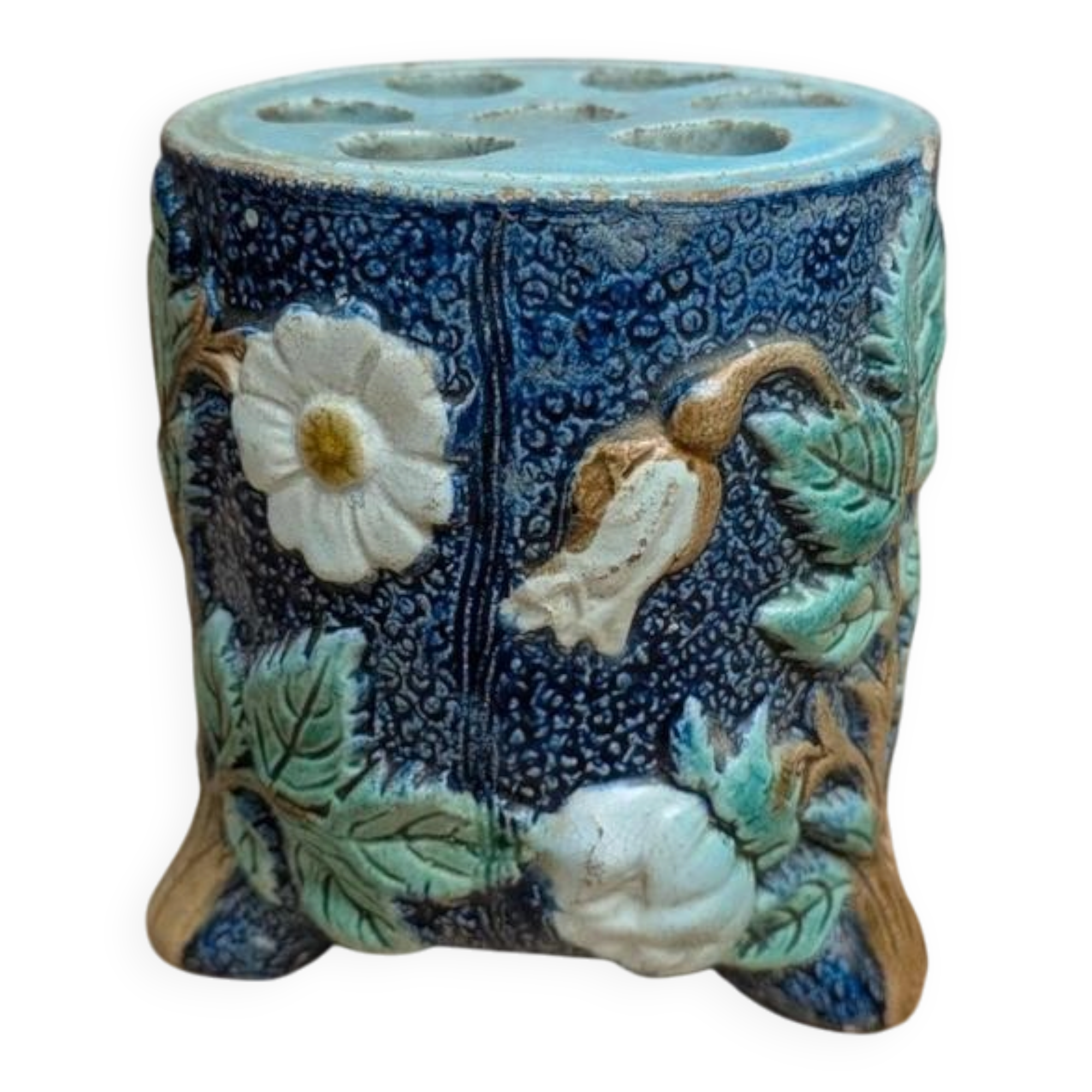 Petit vase pique-fleurs en majolique barbotine