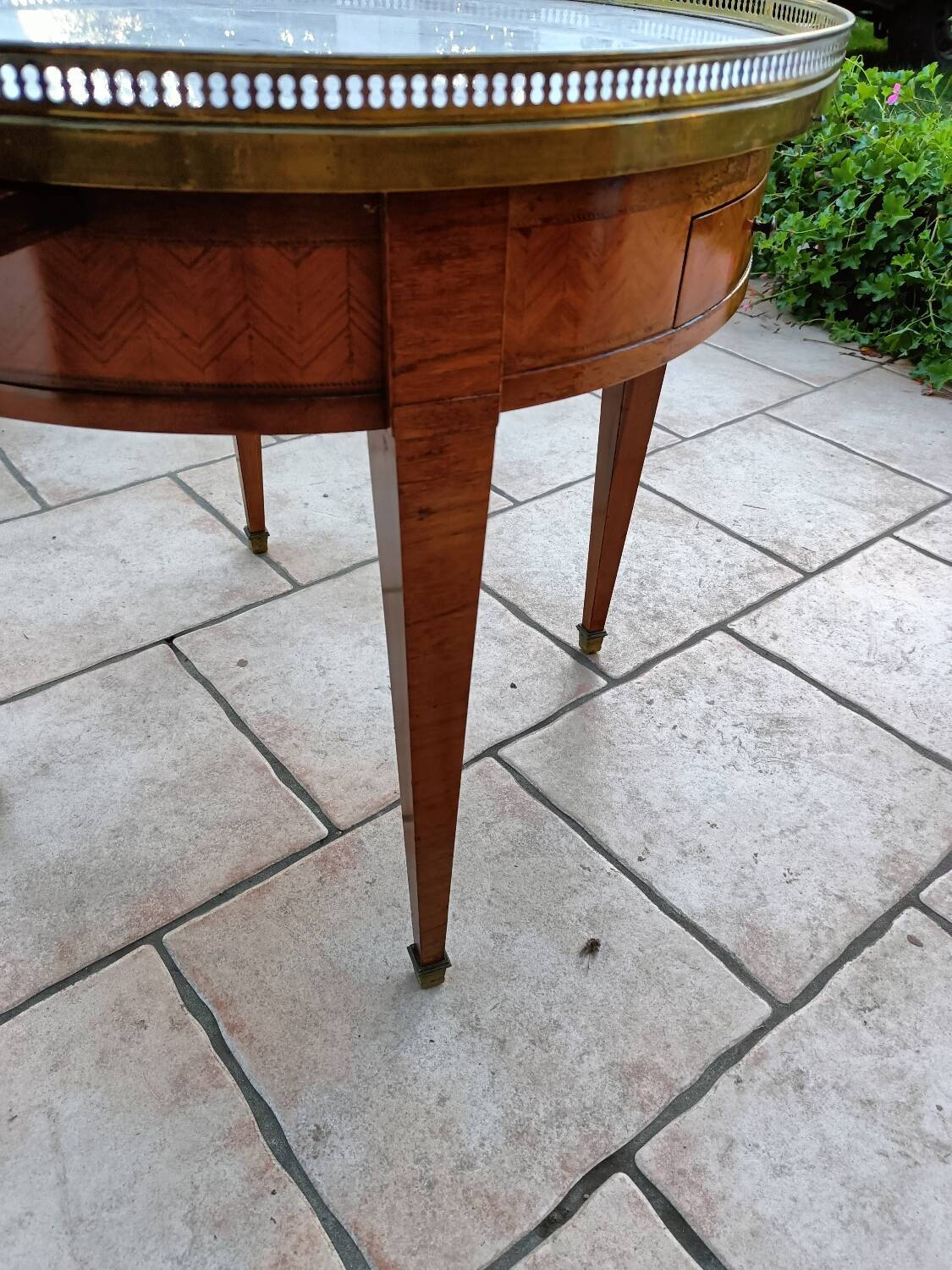 Antique Louis XVI style hot water bottle table with marble top