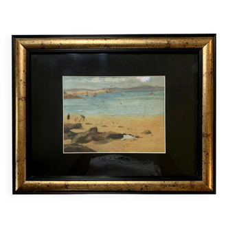 Teurreau : oil on canvas beachside animated with characters and sailboats around 1900