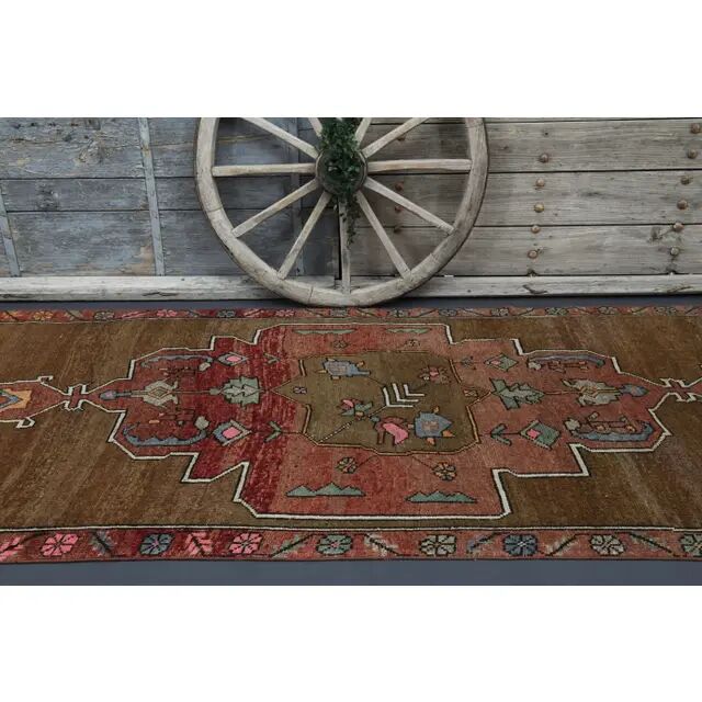 Vintage Turkish Oushak Handmade Wool Cotton Brown Runner Rug 165x417