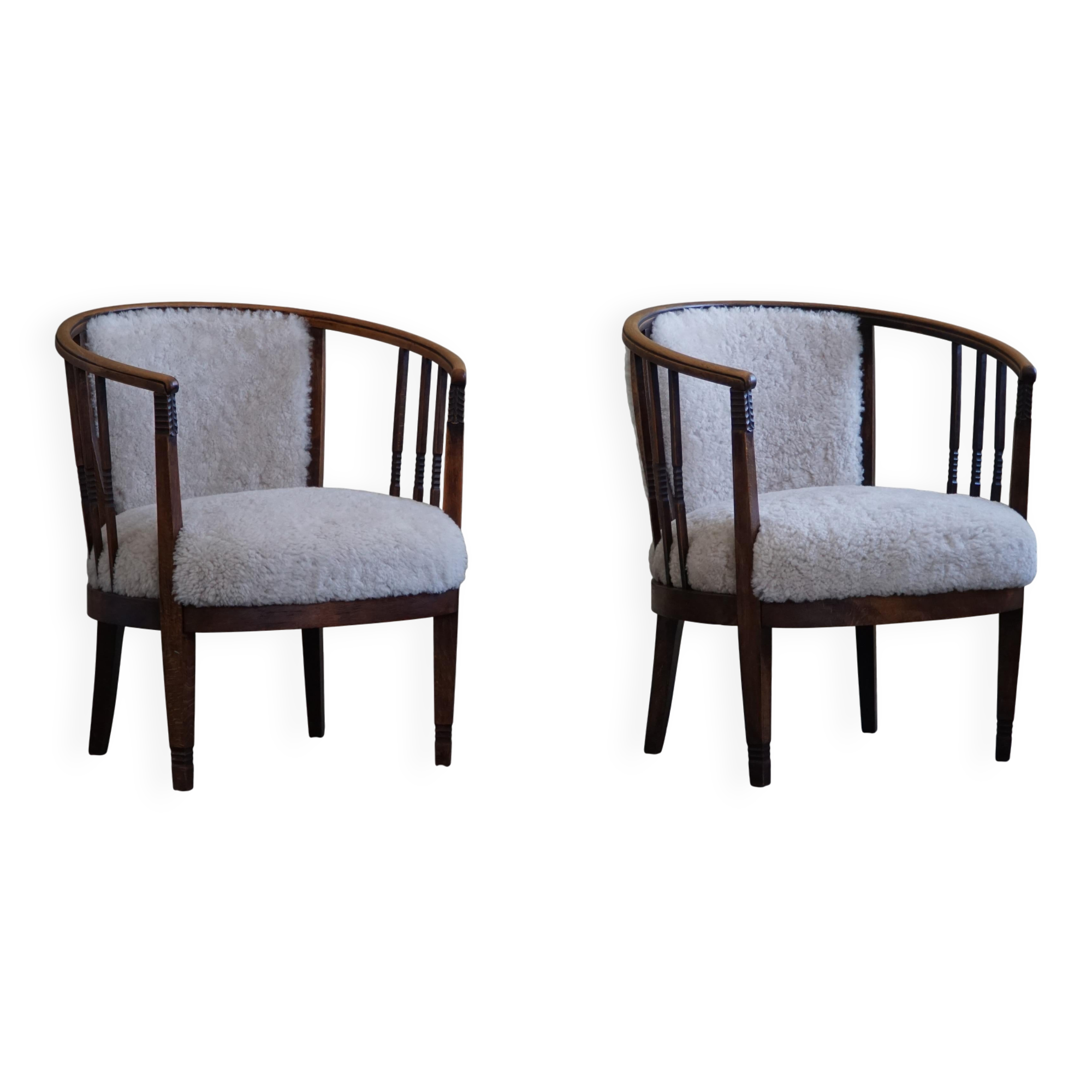 Pair of Danish armchairs in beech, reupholstered in lambswool, Art Nouveau, 1900s.