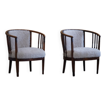 Pair of Danish armchairs in beech, reupholstered in lambswool, Art Nouveau, 1900s.