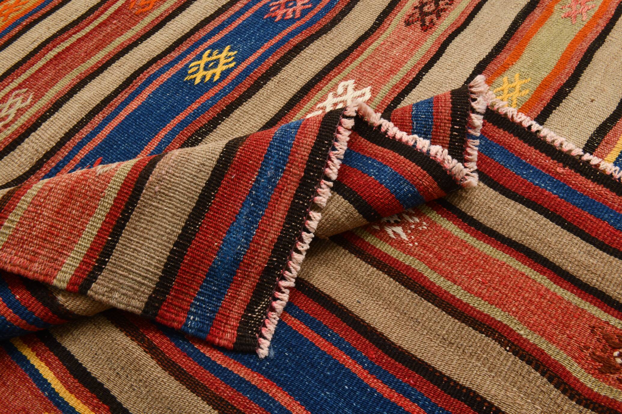 5x8 Wool Kilim Rug, Handwoven Blue & Red Wool Kilim Rug, 143x230Cm