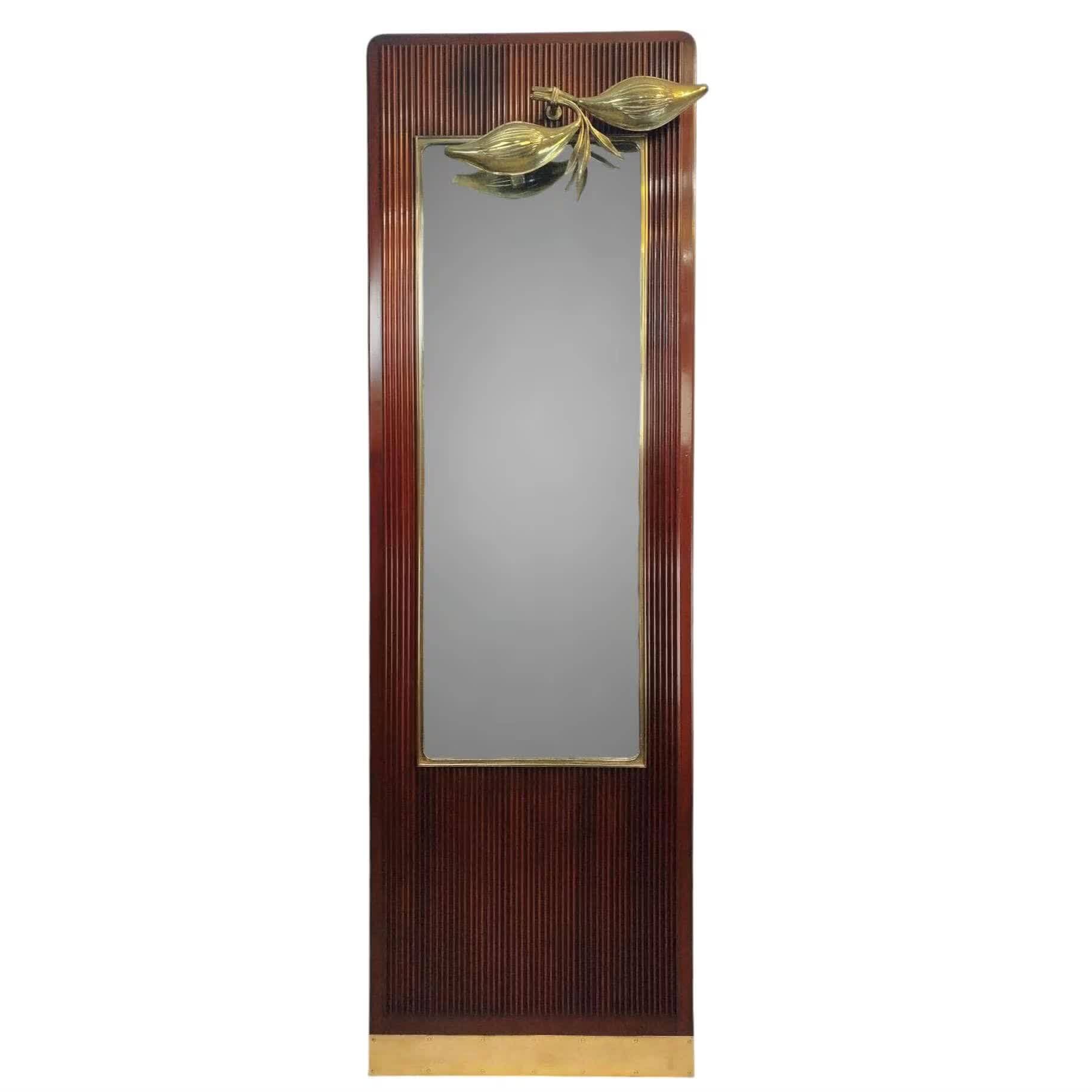 Floor mirror with fluted wood and brass lamp, Buffa/Borsani style.