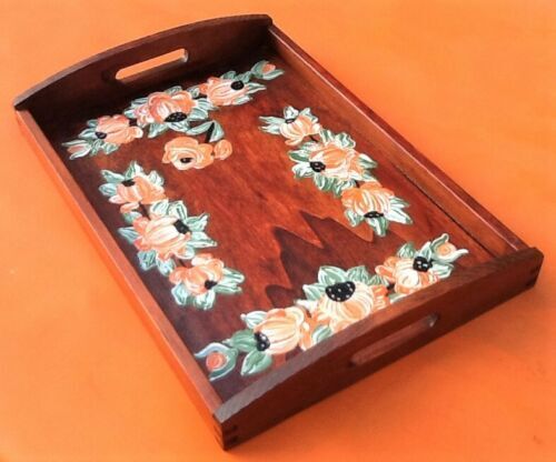 Rectangular wooden service tray with floral decoration