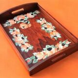 Rectangular wooden service tray with floral decoration