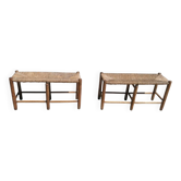 Pair of vintage wooden and straw benches.