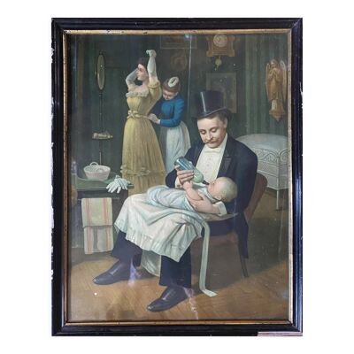 Tableau chromo 1900 scène de famille parisienne élégante et papa biberon