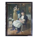 Painting chromo 1900 elegant parisian family scene and papa bottle