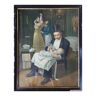 Painting chromo 1900 elegant parisian family scene and papa bottle