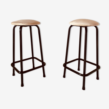 Vintage velvet and iron stools, Set of two, Italy 1960s