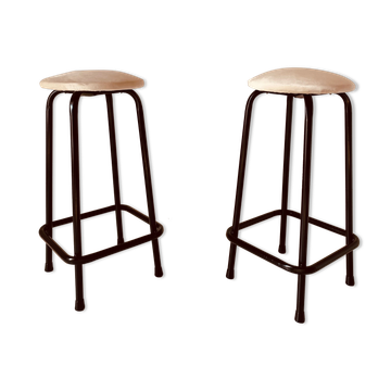 Vintage velvet and iron stools, set of two, Italy 1960s.