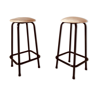 Vintage velvet and iron stools, Set of two, Italy 1960s