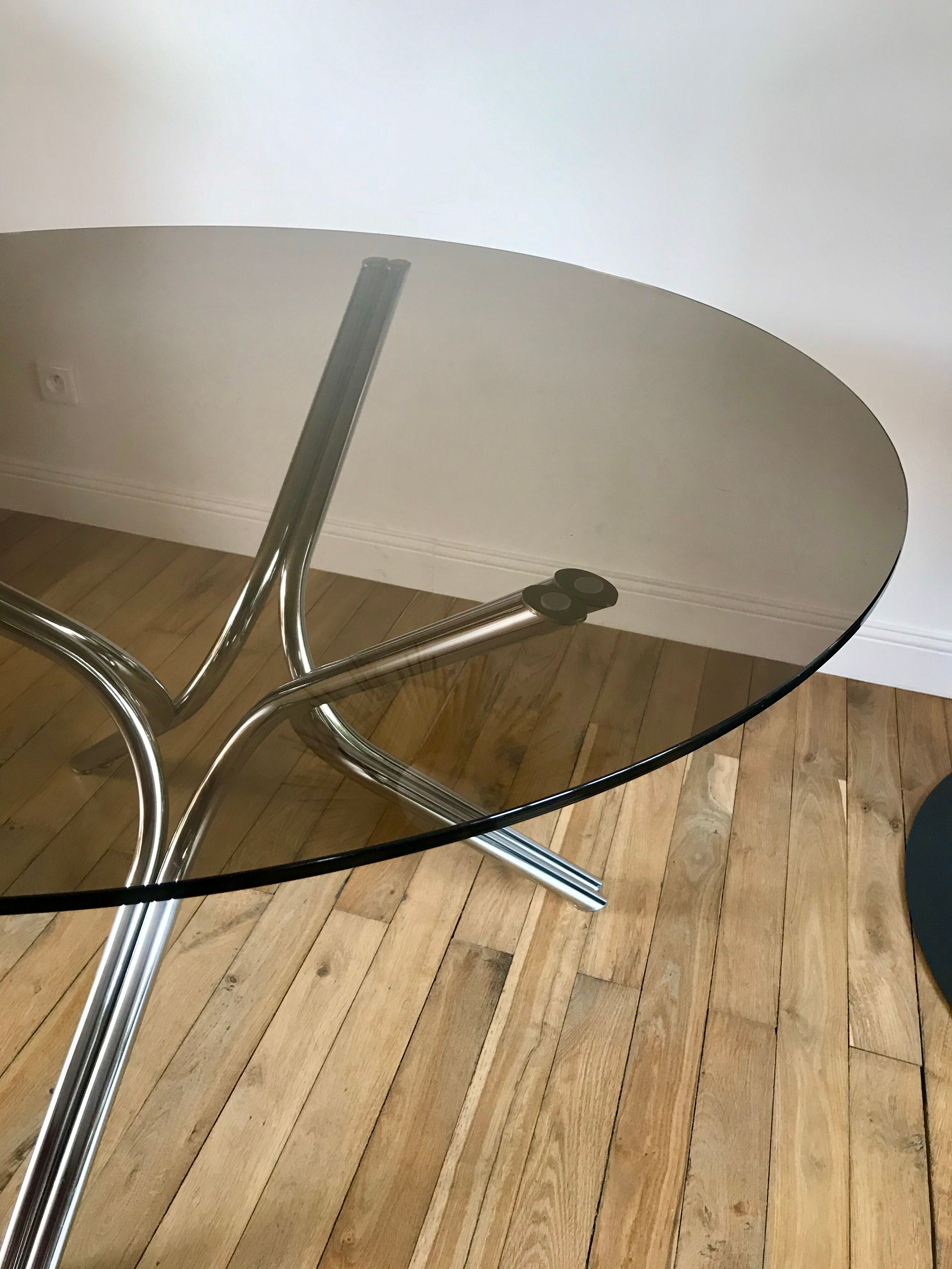 Dining / living table in chrome and smoked glass design 70s