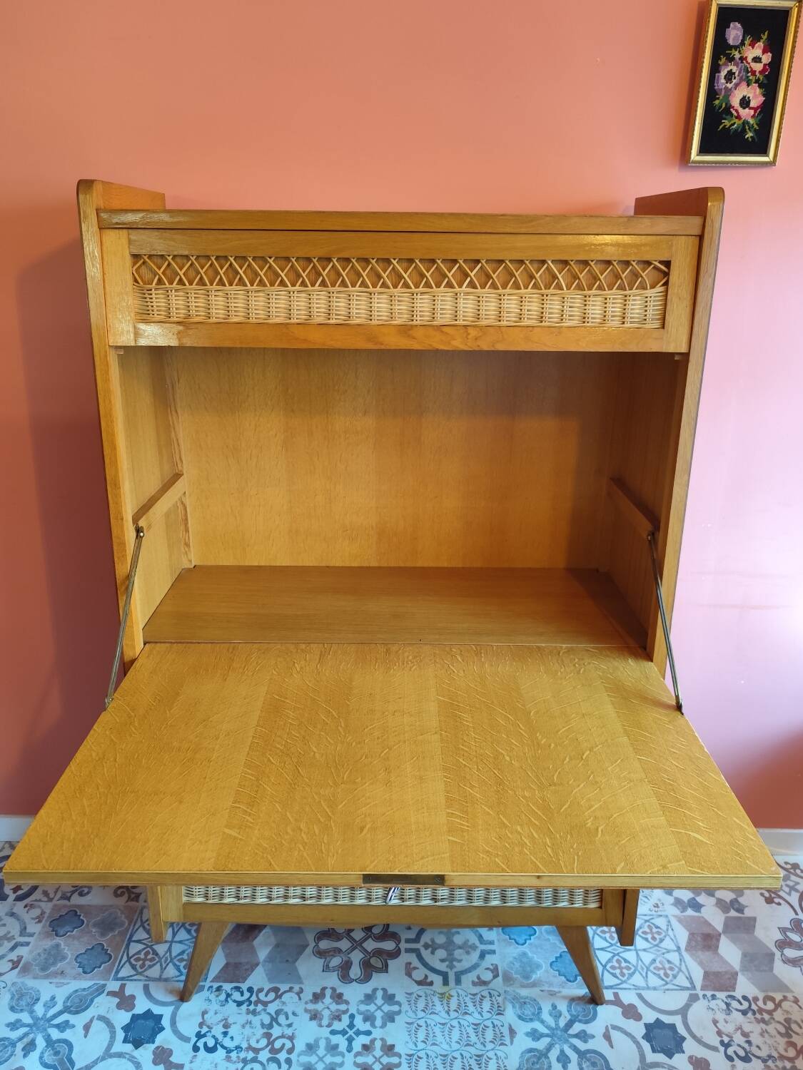 Vintage secretary desk in wood and rattan