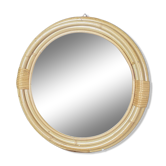 Miroir rond années 1960 au cadre cerclé de cannes de rotin et de  liga