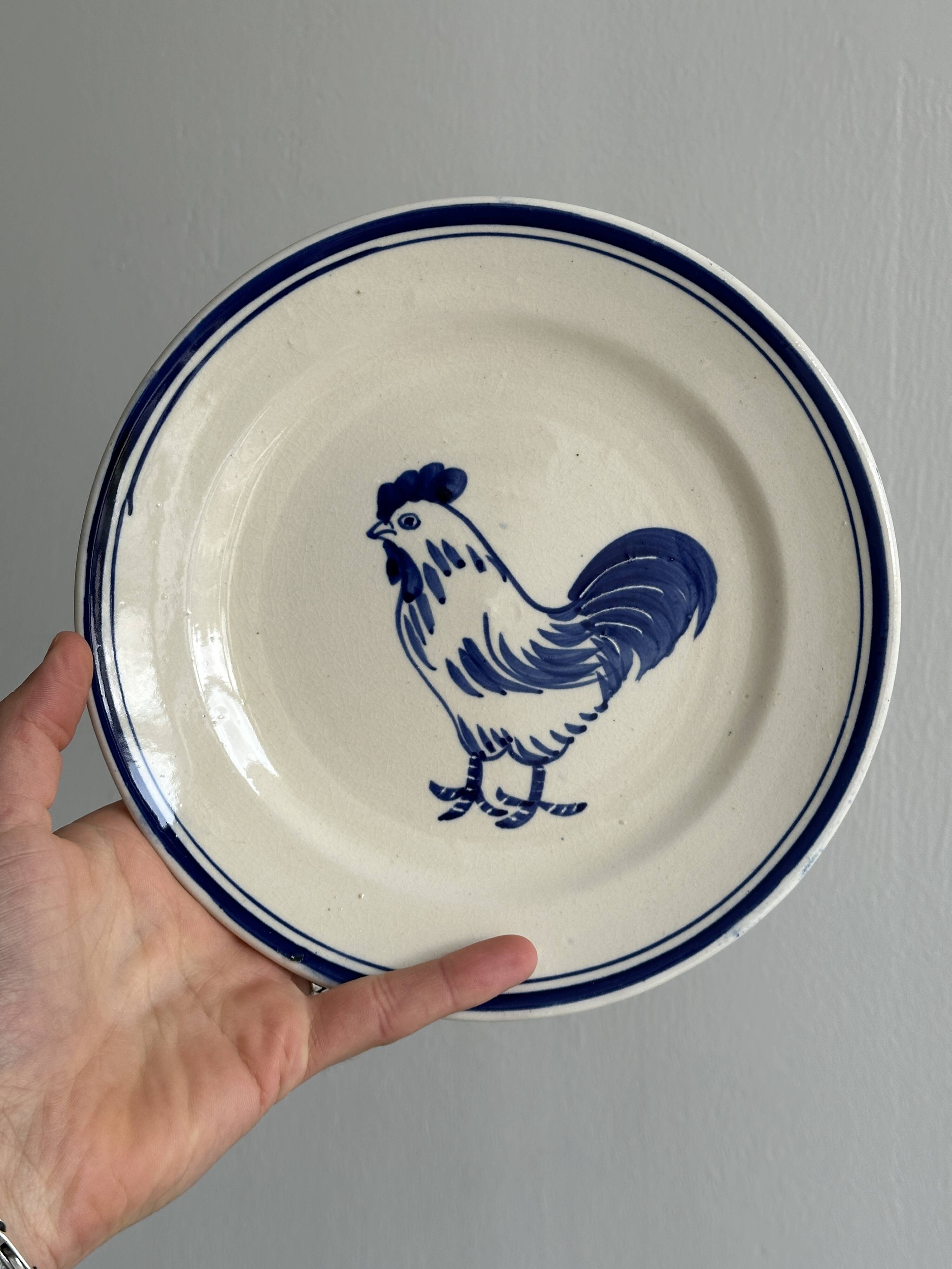 Set of 6 hand painted plates with rooster motif