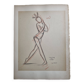Esquisse de Violette Verdy dans 'La Perle', dessin original par Jean Target, 38 cm x 28,5 cm