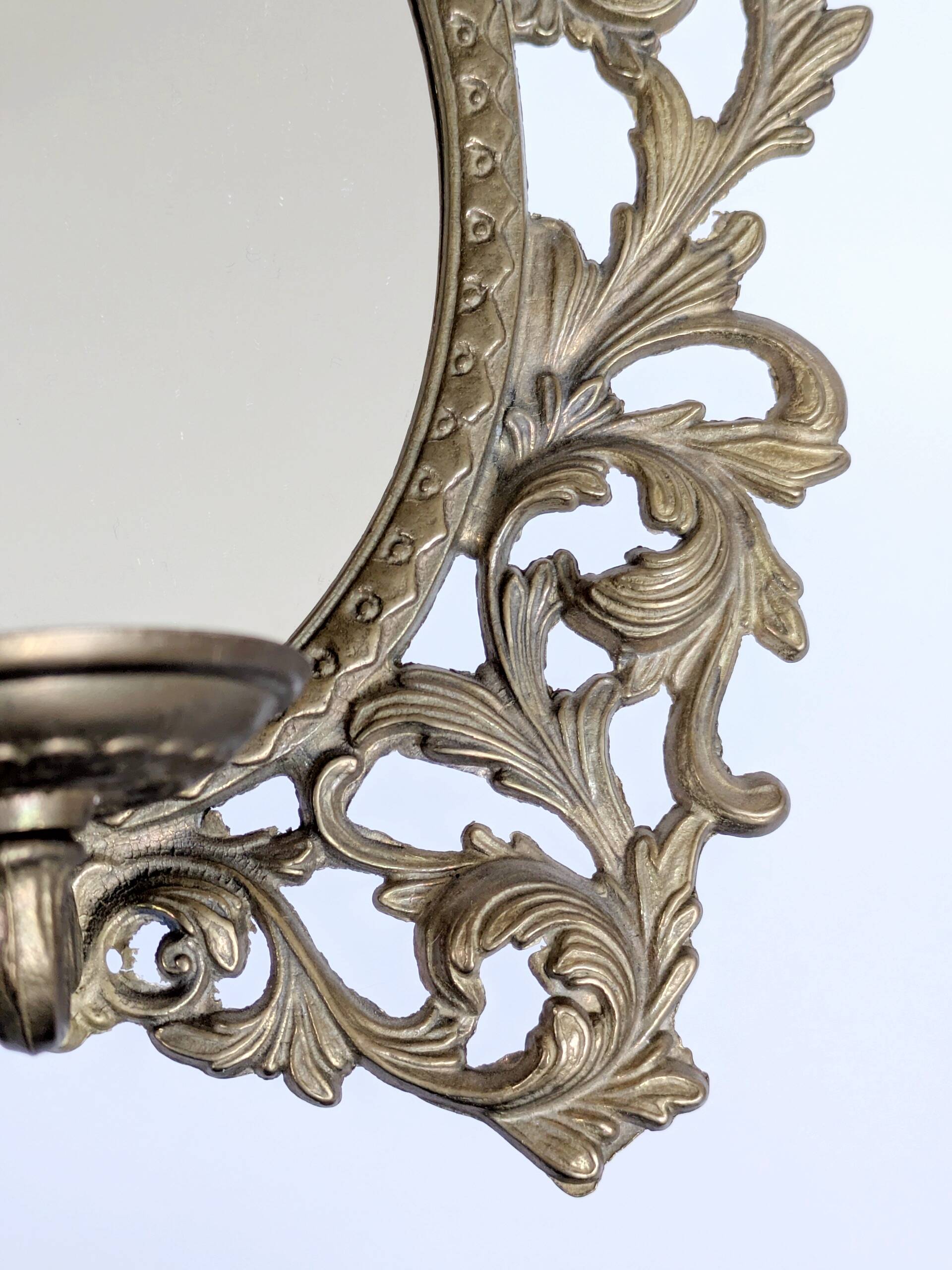 Vintage Brass Mirror Candle Holder Rococo Baroque Italy 1960s