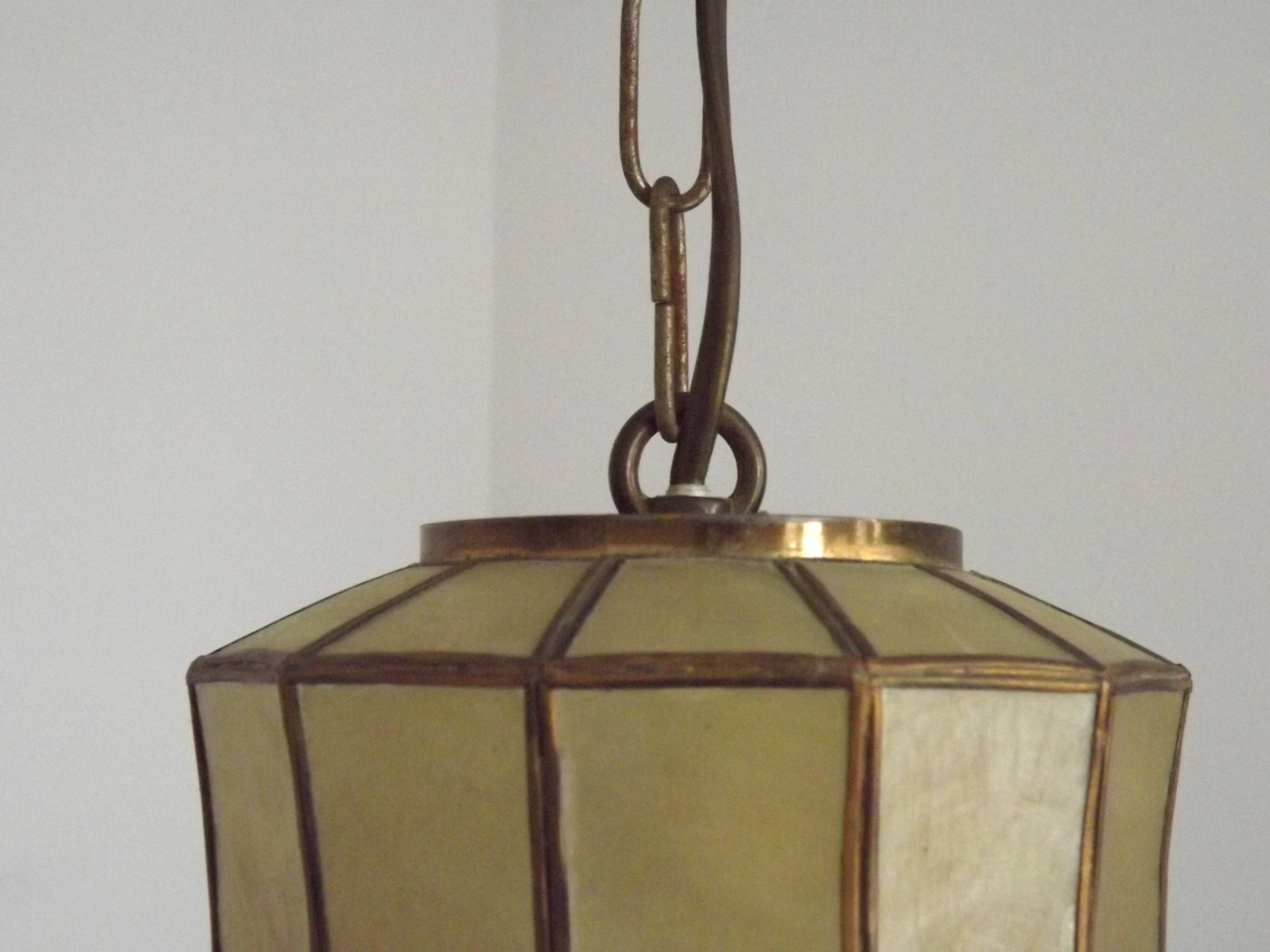 French Vintage Capiz Shell Hanging Pendant Light in Brass Metal and Copper