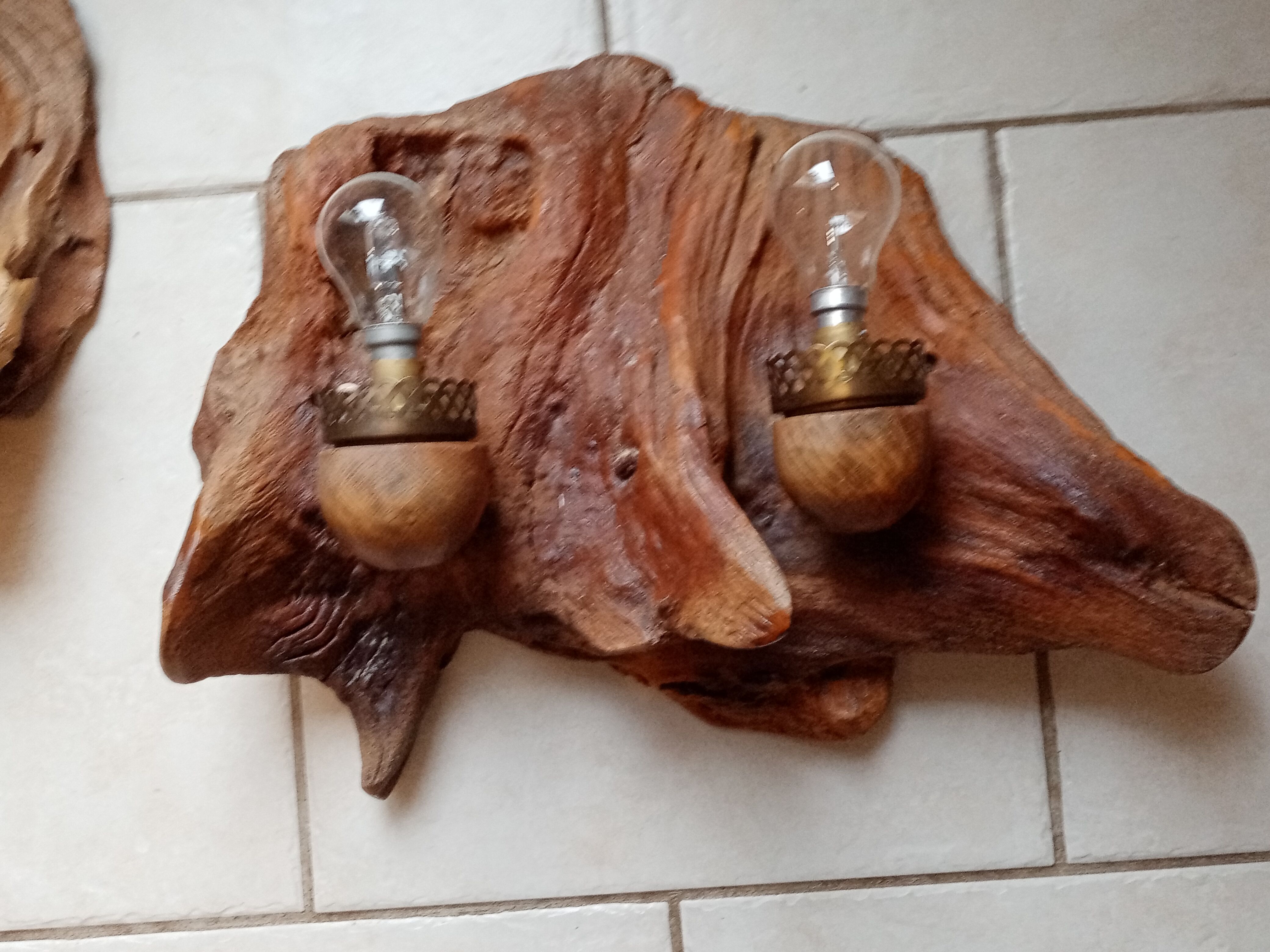 Pair of vintage brutalist wood wall lamp