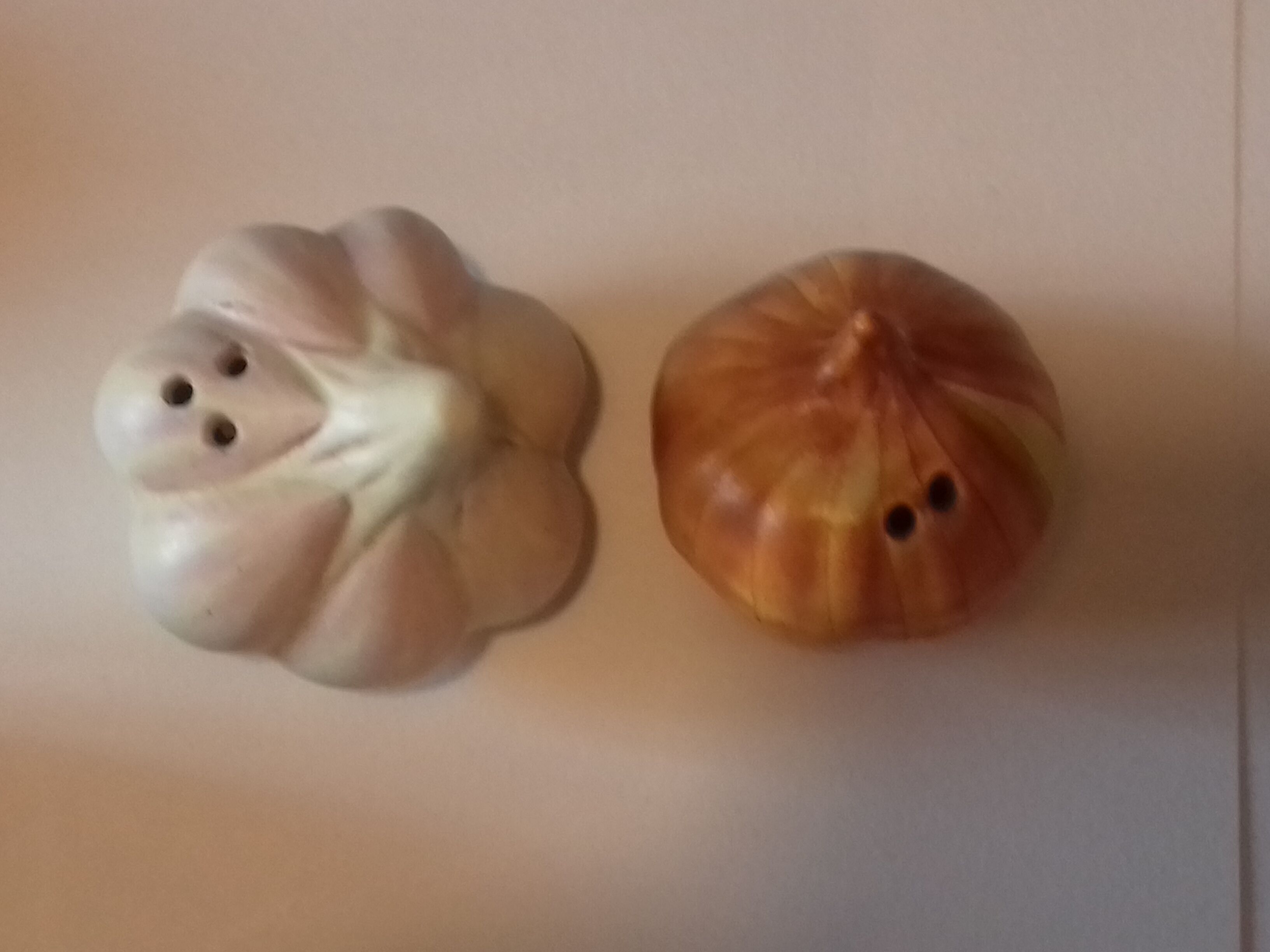 Pepper salt shaker in the shape of garlic and onion head
