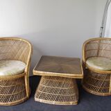 Ensemble vintage de chaises de paon en osier et table des années 60