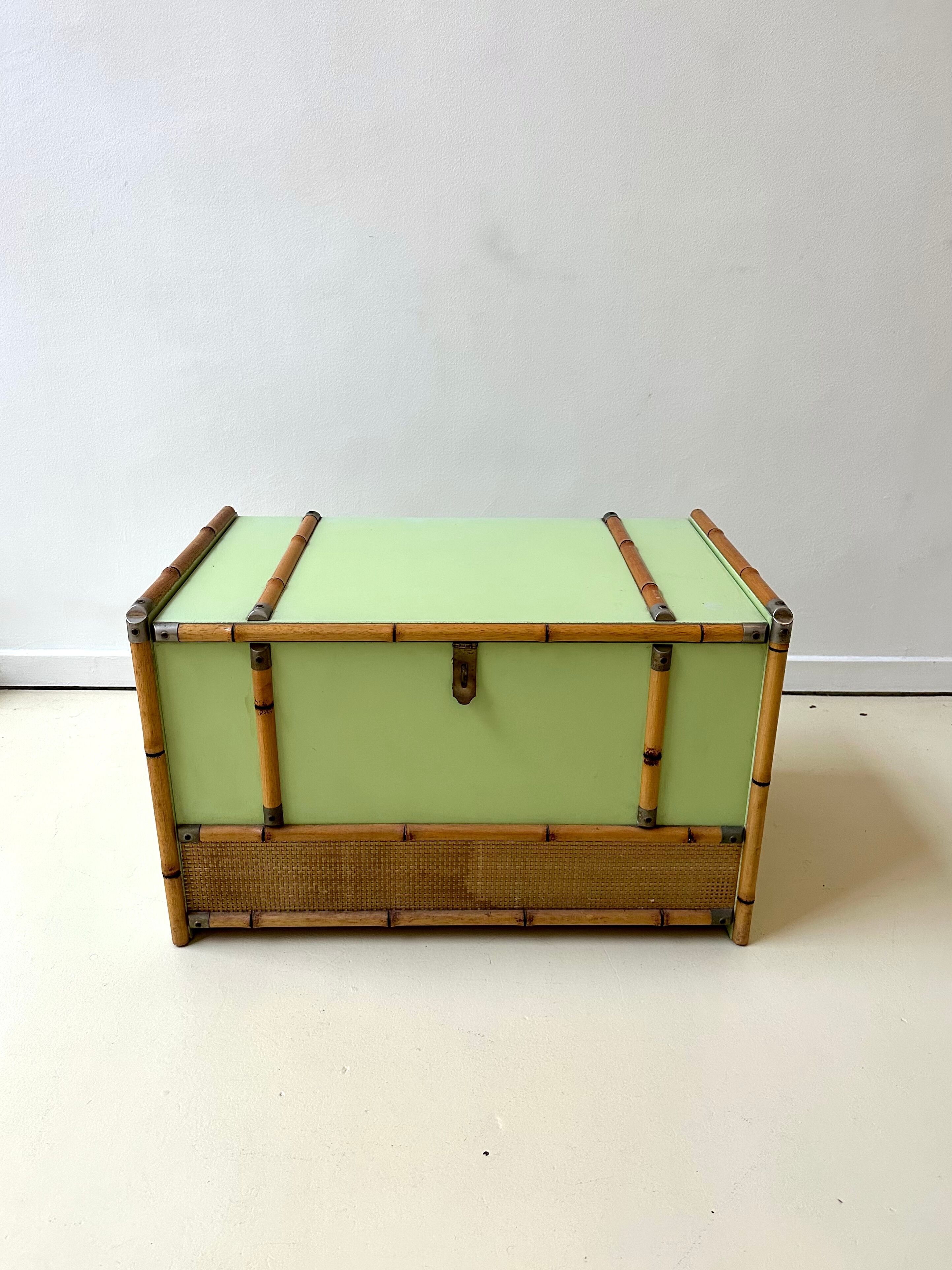 Gautier wooden, rattan and bamboo chest, 70s-80s