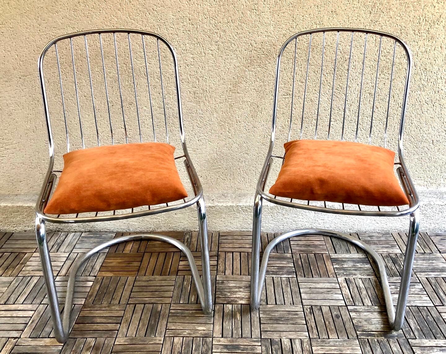 Pair of Cantilever chair design Gastone Rinaldi vintage 70 chrome steel wires