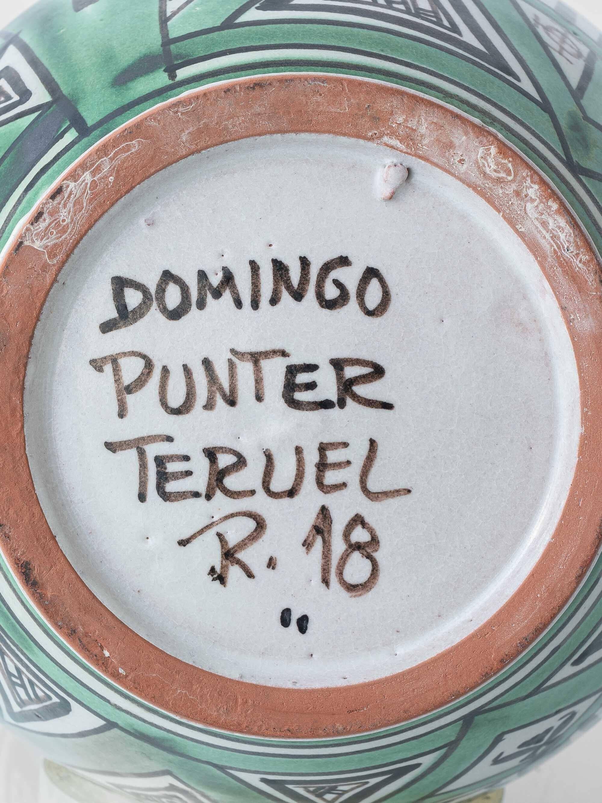 Spanish ceramic pitcher from the mid-century Mudéjar style in green and black, Punter.