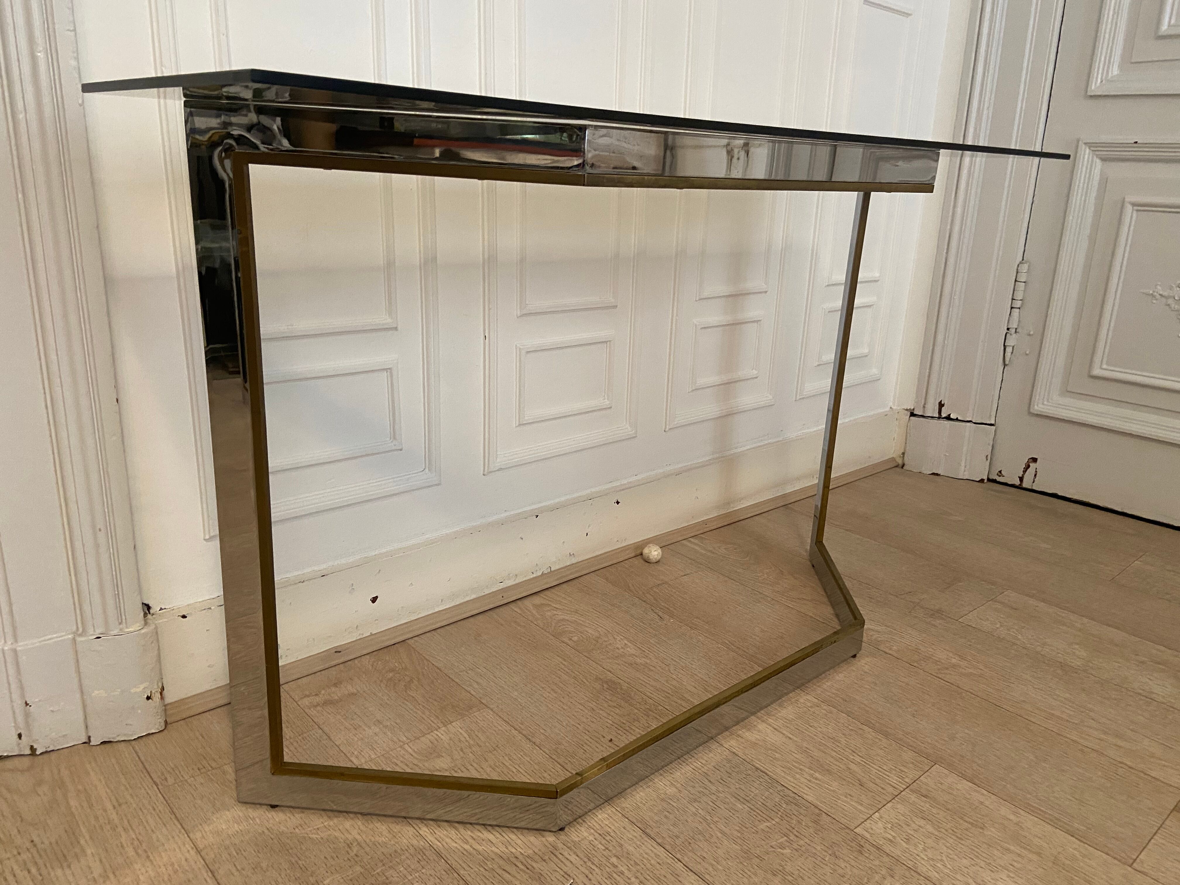 Pair of chrome metal consoles and smoked glass, Italy, 1970s