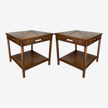 Pair wood and rattan coffee or side table by Gasparucci Italy, 1970s-1980s