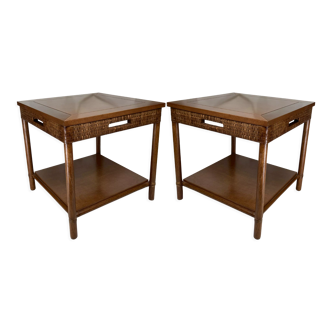 Pair wood and rattan coffee or side table by Gasparucci Italy, 1970s-1980s