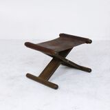 Vintage x-base oak and saddle leather folding safari stool Hungary, 1970
