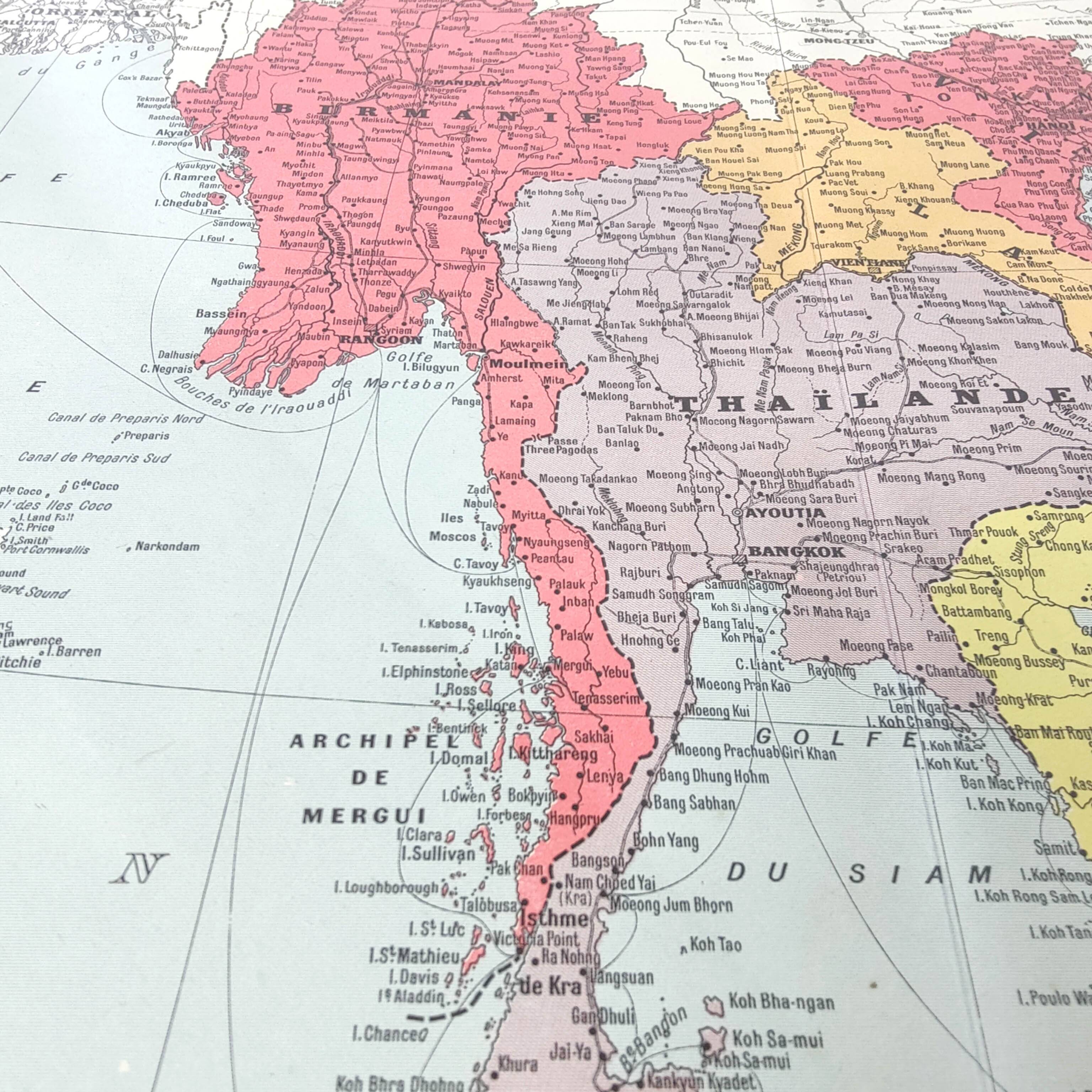 Old Indochina Asia map 43x43cm from 1950