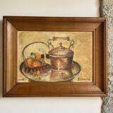 Old painting, still life with teapot and fruit, dated 1932 and signed